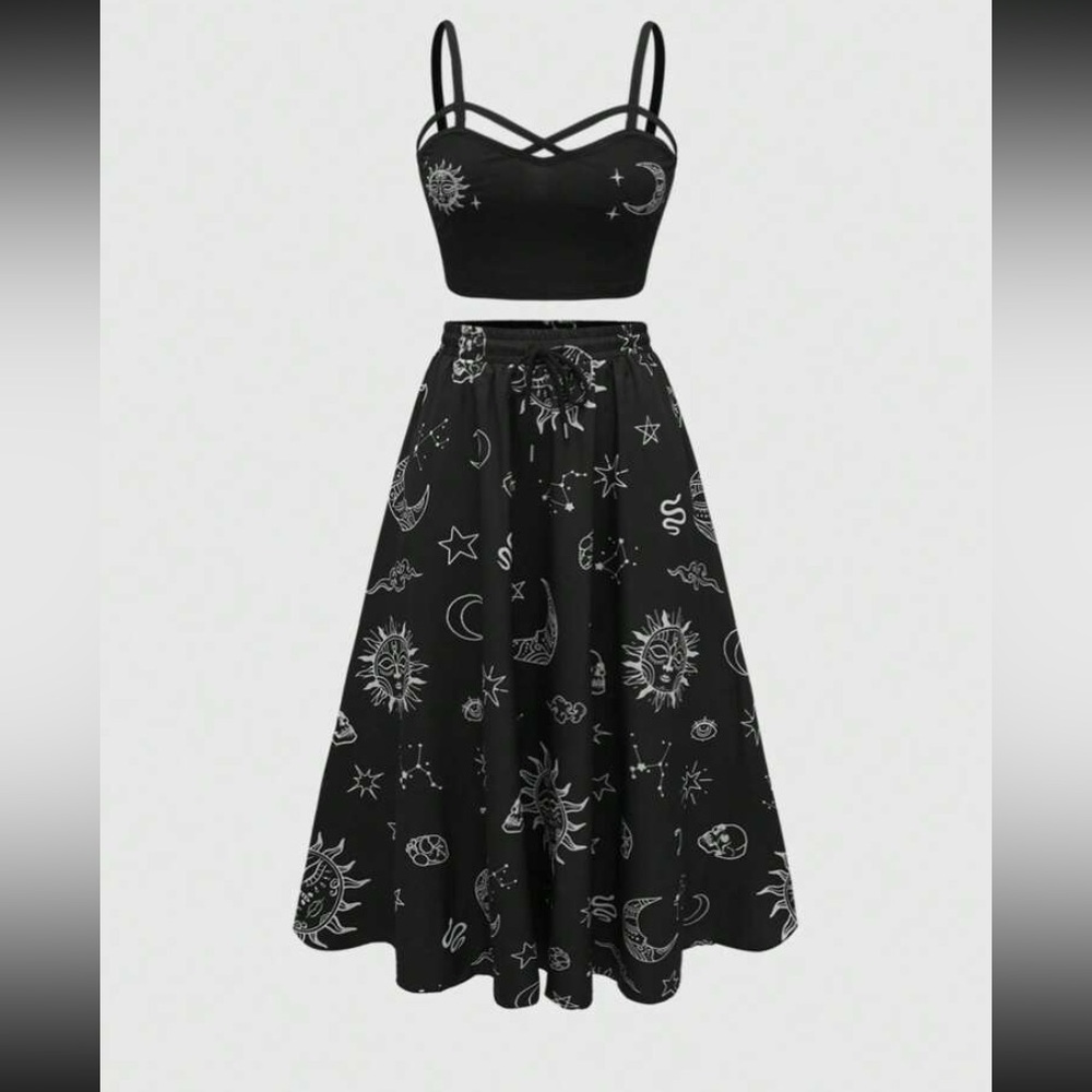 Plus Size Black Goth Galaxy Women's Tank Top And Elastic Waist Midi Skirt Set